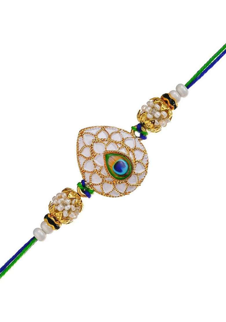 Peacock Feather Pearls Designer Thread Rakhi - Indya