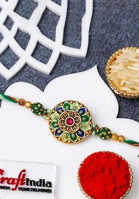 Stones Studded Flower Design Thread Rakhi