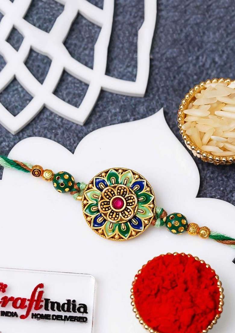 Stones Studded Flower Design Thread Rakhi - Indya