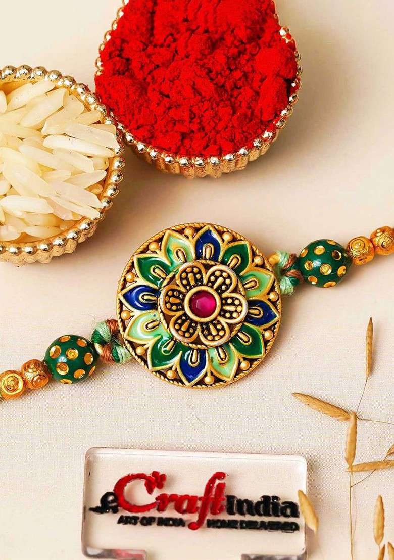 Stones Studded Flower Design Thread Rakhi - Indya