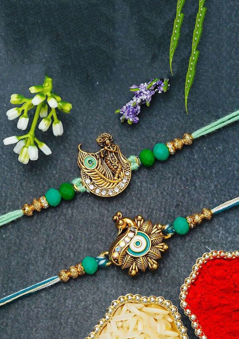 Set Of 2 Peacock Krishna Rakhis For Brother Bhaiya Bhai Bhabhi Thread Rakhis - Indya