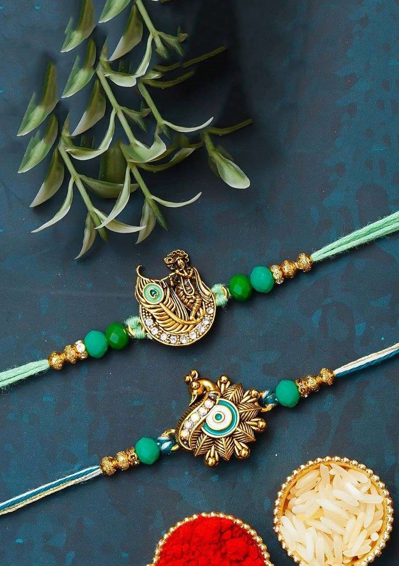 Set Of 2 Peacock Krishna Rakhis For Brother Bhaiya Bhai Bhabhi Thread Rakhis - Indya