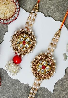 Set Of 2 Stones Studded And Beaded Floral Design Thread Rakhi
