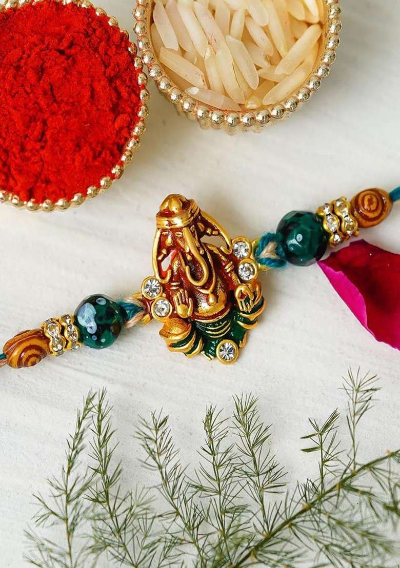 Artfificial Stones Studded And Beaded Lord Ganesha Rakhi - Indya