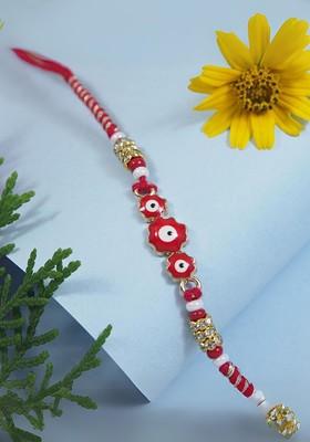 Artificial Stones Studded And Beaded Enamelled Thread Rakhi