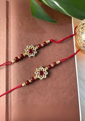 Kundan Studded And Beaded Thread Rakhi With Roli Chawal