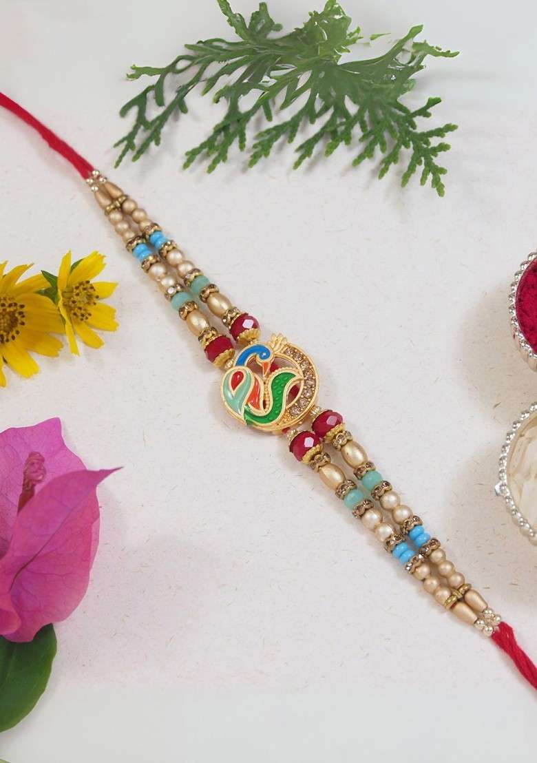 Artificial Stones Studded And Beaded Thread Rakhi With Roli Chawal - Indya