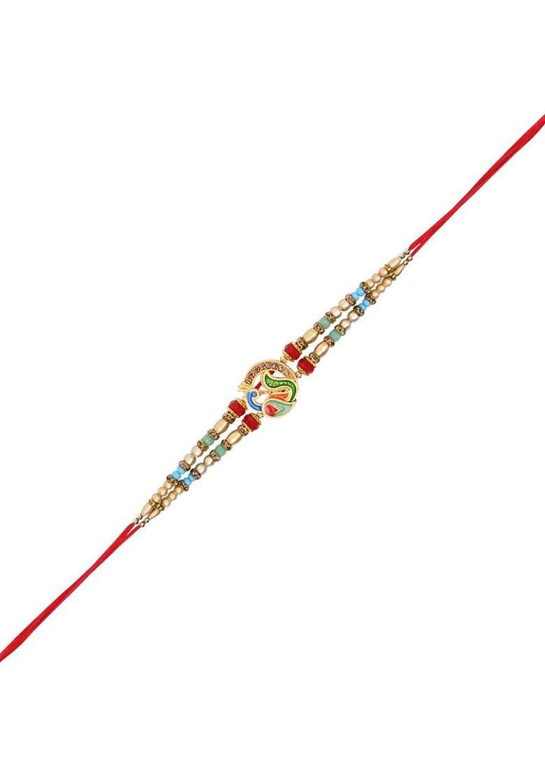 Artificial Stones Studded And Beaded Thread Rakhi With Roli Chawal - Indya