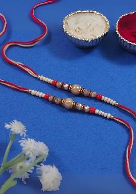 Artificial Stones Studded And Beaded Thread Rakhi With Roli Chawal