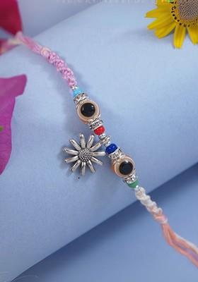 Artificial Stones Studded And Beaded Floral Shaped Rakhi And Roli Chawal