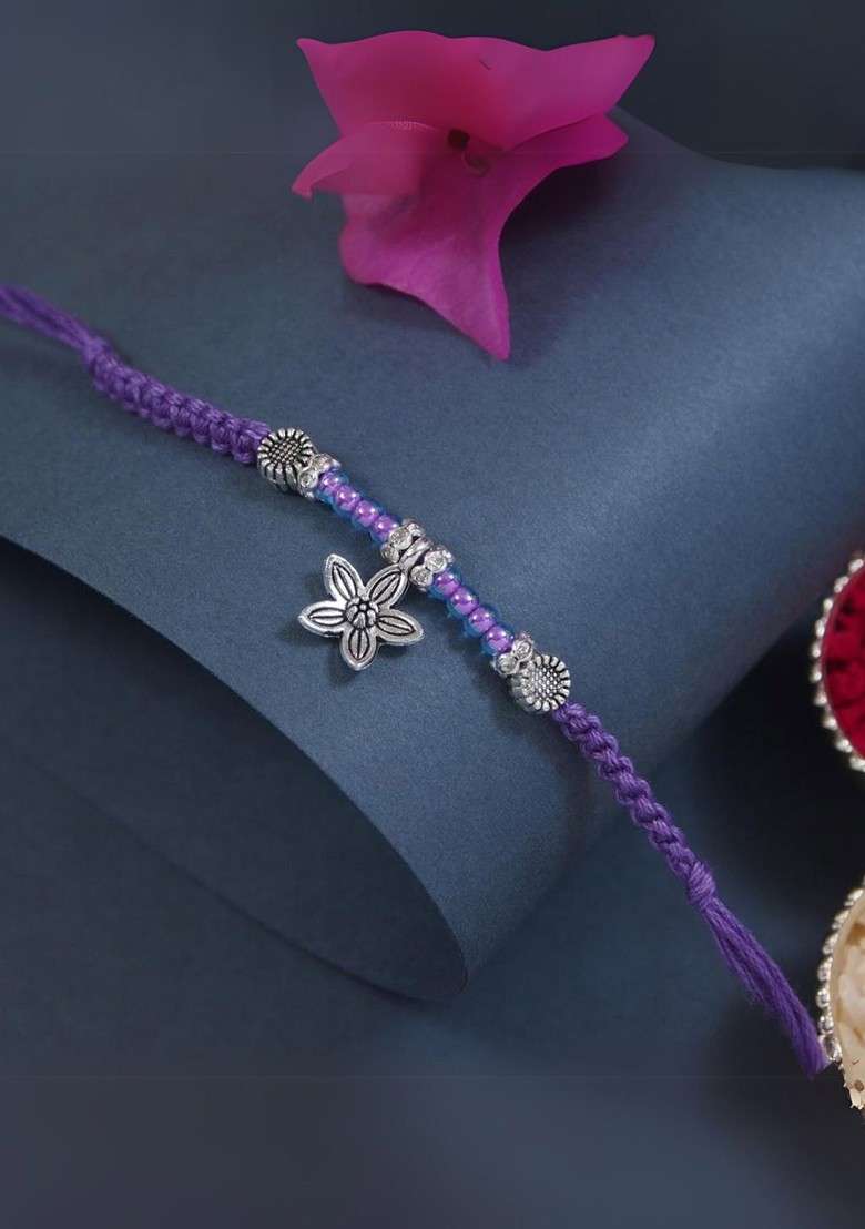 Silver Plated Artificial Stones Studded And Beaded Star Shaped Rakhi And Roli Chawal - Indya