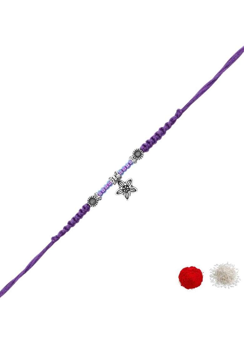 Silver Plated Artificial Stones Studded And Beaded Star Shaped Rakhi And Roli Chawal - Indya