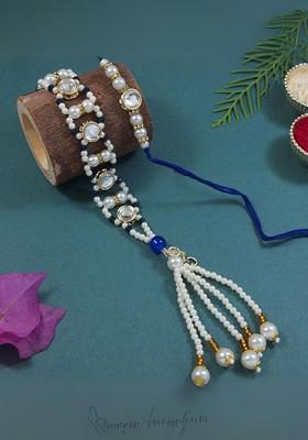 2 Pieces Kundan Pearls Hanging Bhaiya Bhabhi Lumba Rakhi Bracelet