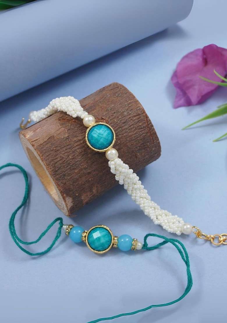 Turquoise 2 Pieces Marble Pearls Beaded Bhaiya Bhabhi Lumba Bracelet Rakhi - Indya