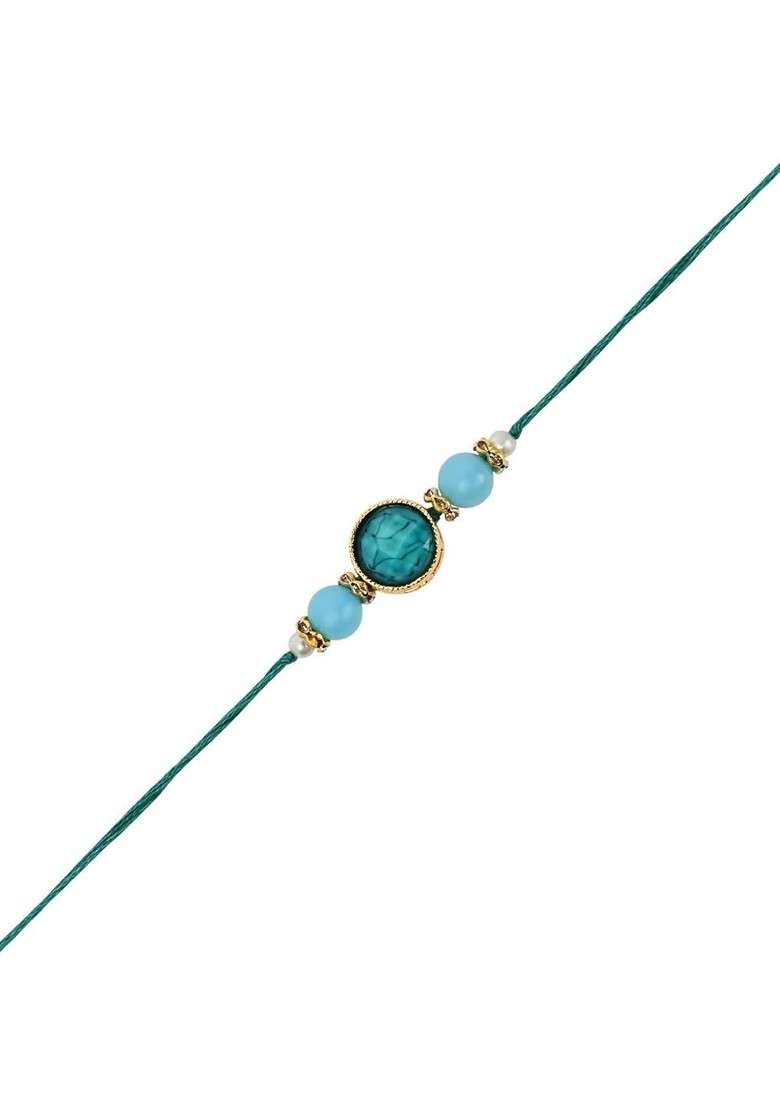 Turquoise 2 Pieces Marble Pearls Beaded Bhaiya Bhabhi Lumba Bracelet Rakhi - Indya