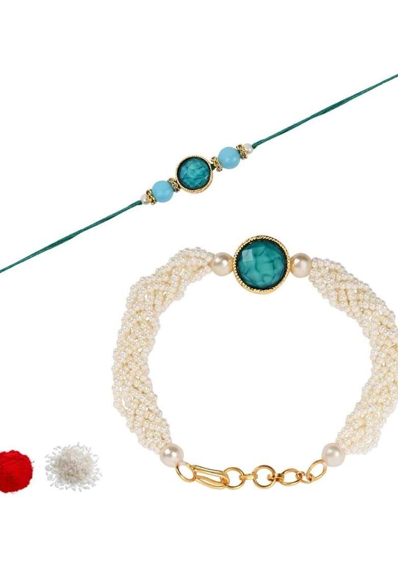 Turquoise 2 Pieces Marble Pearls Beaded Bhaiya Bhabhi Lumba Bracelet Rakhi - Indya