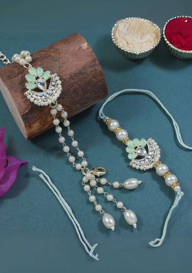 Kundan And Pearls Bhaiya Bhabhi Lumba Rakhi Bracelet Combo Set With Roli Chawal - Indya