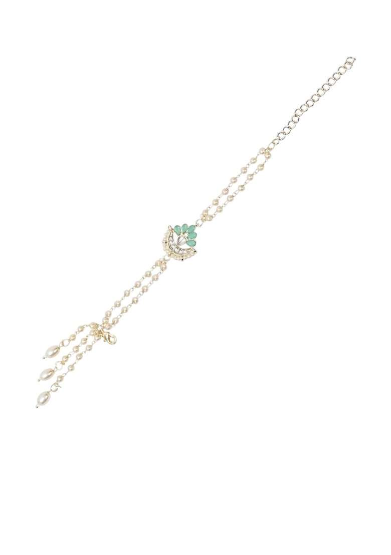 Kundan And Pearls Bhaiya Bhabhi Lumba Rakhi Bracelet Combo Set With Roli Chawal - Indya