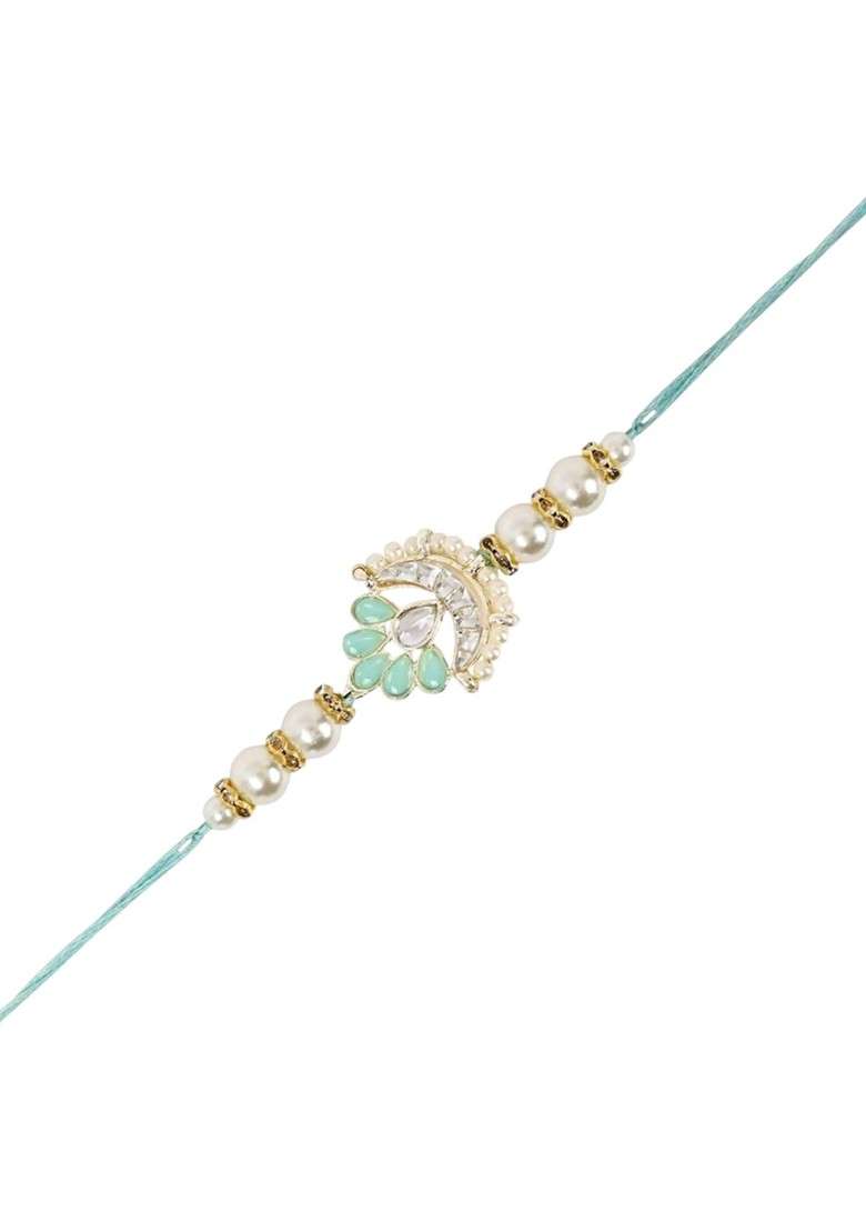 Kundan And Pearls Bhaiya Bhabhi Lumba Rakhi Bracelet Combo Set With Roli Chawal - Indya