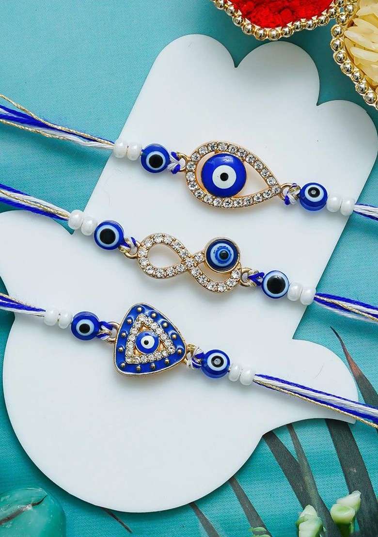 Set Of 3 Diamond Stone Studded And Beaded Evil Eye Thread Rakhis - Indya