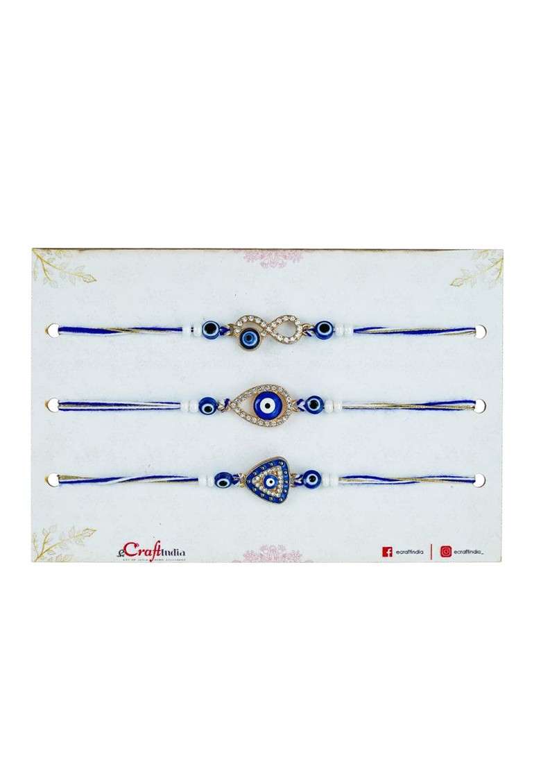 Set Of 3 Diamond Stone Studded And Beaded Evil Eye Thread Rakhis - Indya