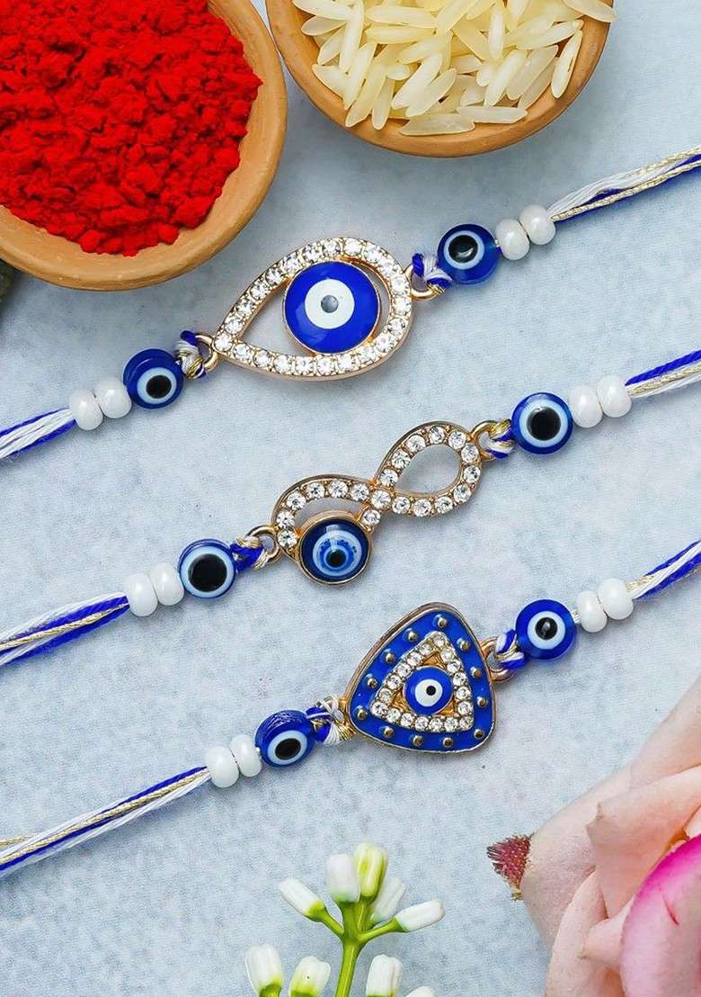 Set Of 3 Diamond Stone Studded And Beaded Evil Eye Thread Rakhis - Indya