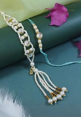 Mens White Kundan And Pearls Bhaiya Bhabhi Lumba Rakhi Bracelet Combo Set