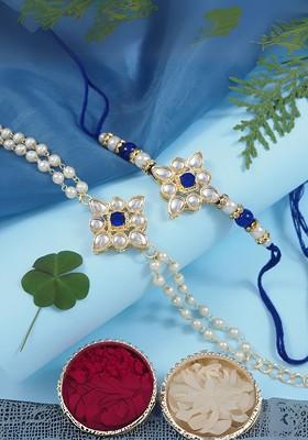 2 Pieces Kundan Pearls Hanging Bhaiya Bhabhi Lumba Rakhi Bracelet Combo Set