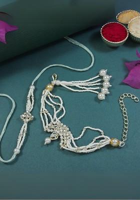 White 2 Pieces Kundan And Pearls Bhaiya Bhabhi Lumba Bracelet Rakhi Combo Set
