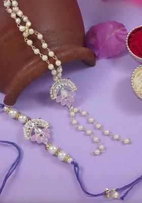 2 Pieces Kundan And Pearls Bhaiya Bhabhi Lumba Rakhi Bracelet Combo Set