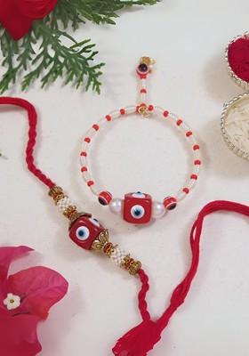 2 Pieces Enamel Evil Eye Bhaiya Bhabhi Lumba Rakhi Set With Roli Chawal
