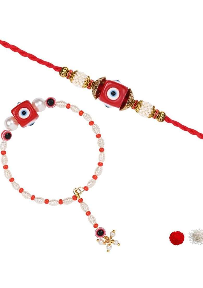 2 Pieces Enamel Evil Eye Bhaiya Bhabhi Lumba Rakhi Set With Roli Chawal - Indya