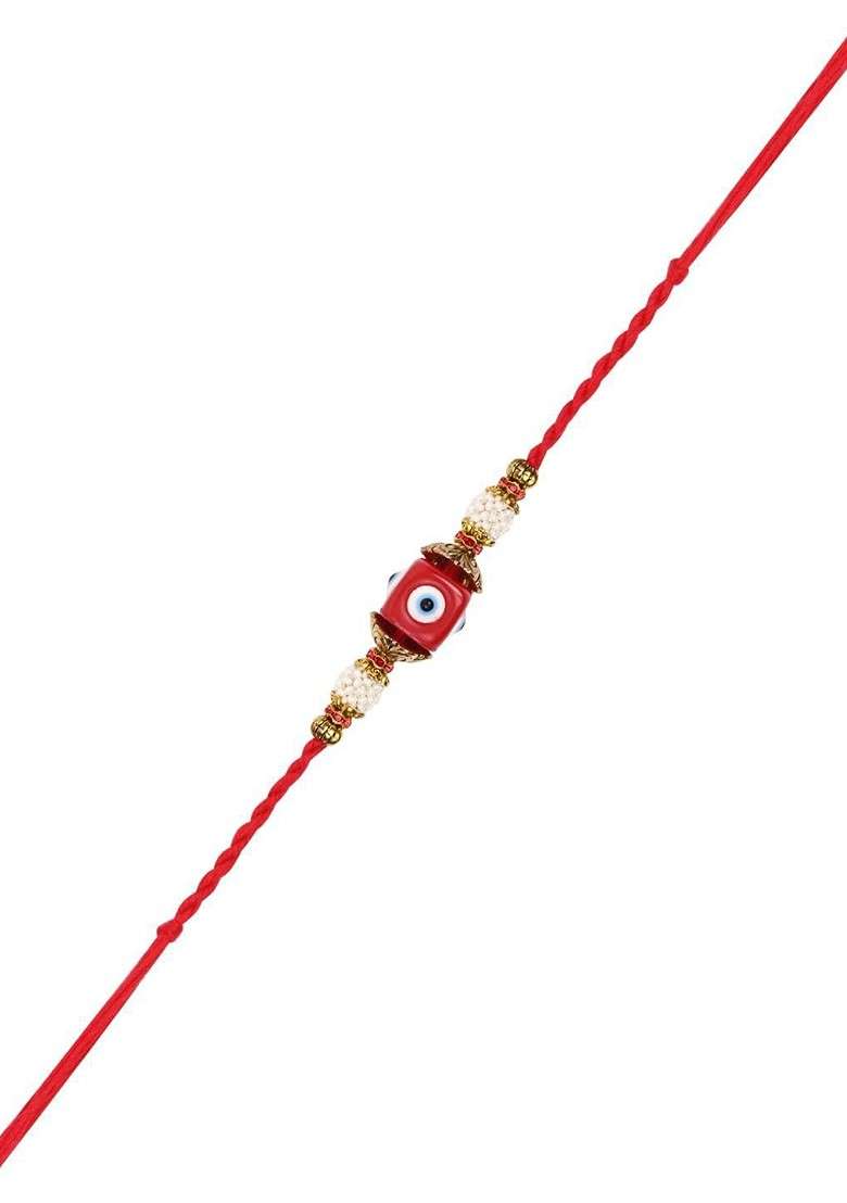 2 Pieces Enamel Evil Eye Bhaiya Bhabhi Lumba Rakhi Set With Roli Chawal - Indya