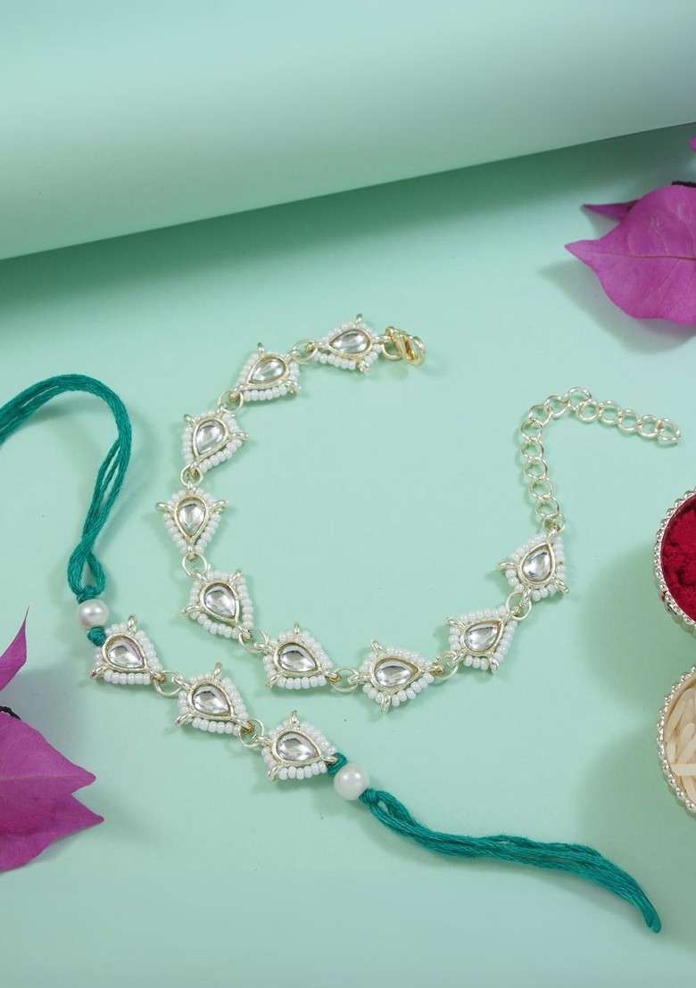 2 Pieces Kundan Pearls Hanging Bhaiya Bhabhi Lumba Rakhi Bracelet - Indya