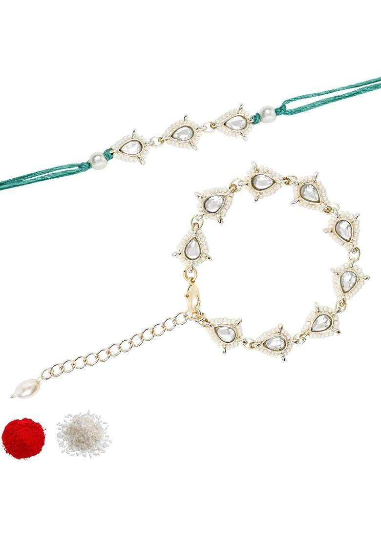 2 Pieces Kundan Pearls Hanging Bhaiya Bhabhi Lumba Rakhi Bracelet - Indya