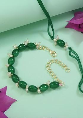 Green 2 Pieces Pearls Bhaiya Bhabhi Lumba Bracelet Rakhi Combo Set