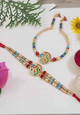Enamel Peacock Pearls Bhaiya Bhabhi Gold Plated Lumba Rakhi Set
