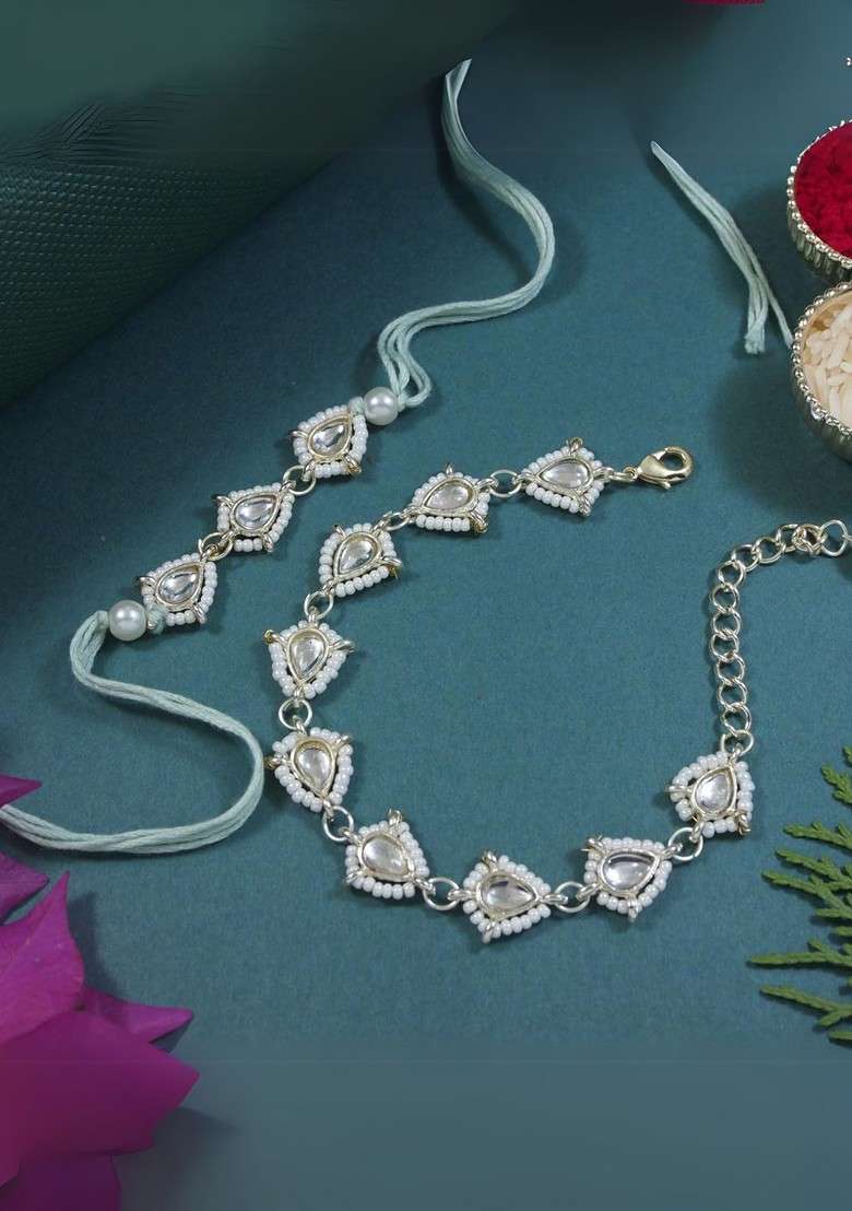 White Kundan And Pearls Lumba Rakhi Bracelet Combo Set With Roli Chawal - Indya