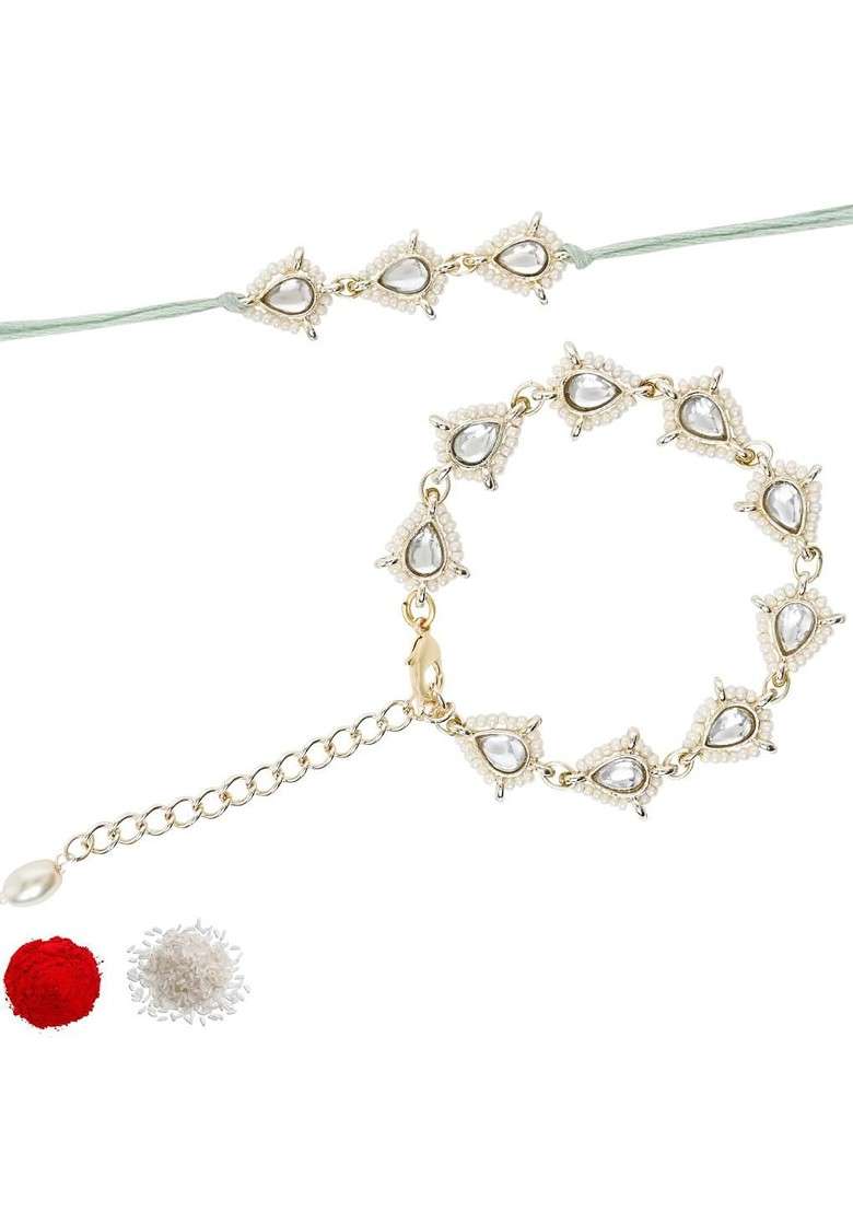 White Kundan And Pearls Lumba Rakhi Bracelet Combo Set With Roli Chawal - Indya
