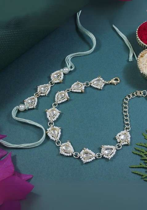 White Kundan And Pearls Lumba Rakhi Bracelet Combo Set With Roli Chawal