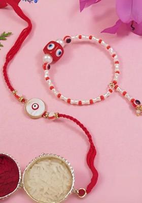 2 Pieces Enamel Evil Eye Bhaiya Bhabhi Lumba Rakhi Set With Roli Chawal