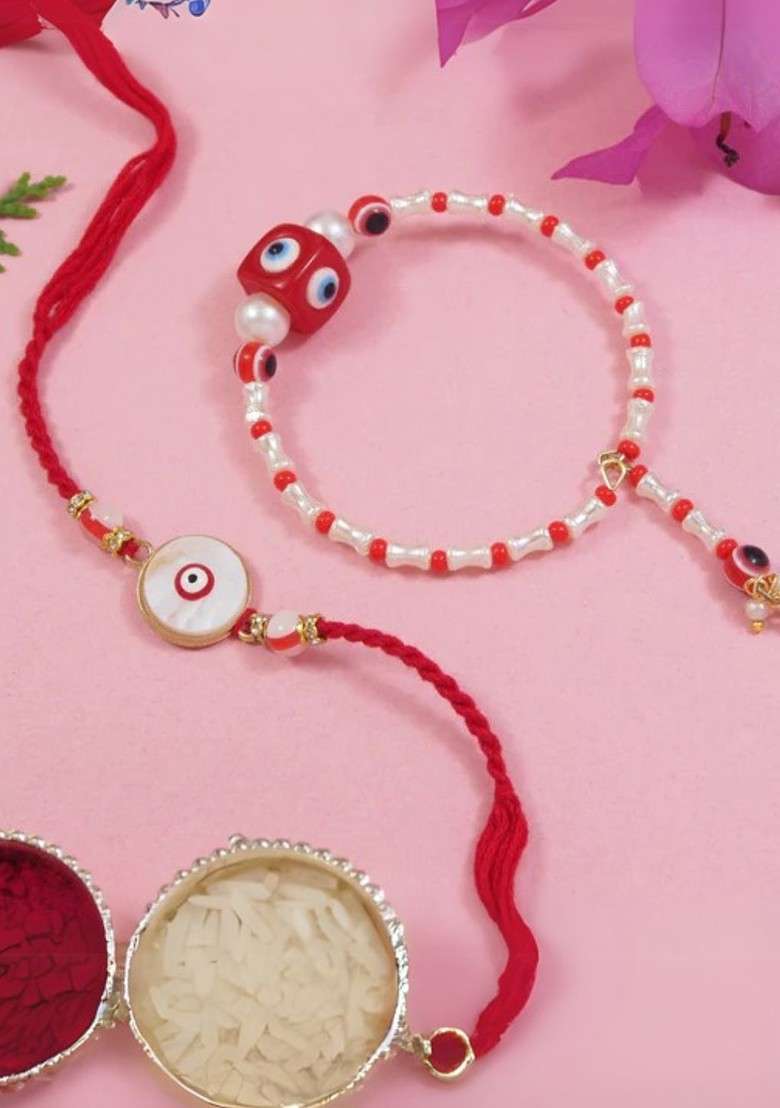 2 Pieces Enamel Evil Eye Bhaiya Bhabhi Lumba Rakhi Set With Roli Chawal - Indya