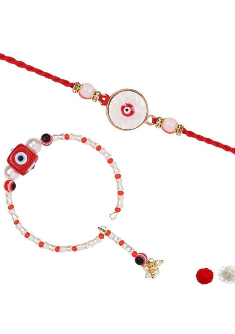 2 Pieces Enamel Evil Eye Bhaiya Bhabhi Lumba Rakhi Set With Roli Chawal - Indya
