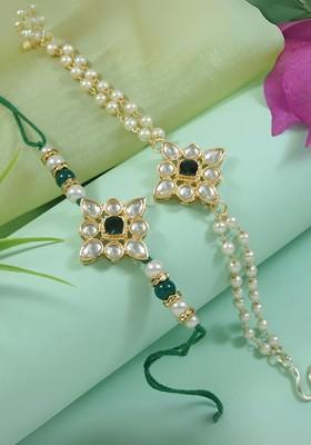 2 Pieces Kundan Pearls Hanging Bhaiya Bhabhi Lumba Rakhi Bracelet Combo Set