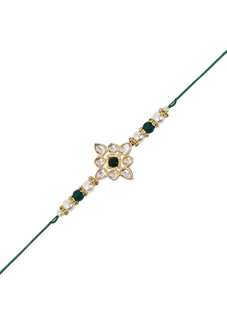 2 Pieces Kundan Pearls Hanging Bhaiya Bhabhi Lumba Rakhi Bracelet Combo Set - Indya