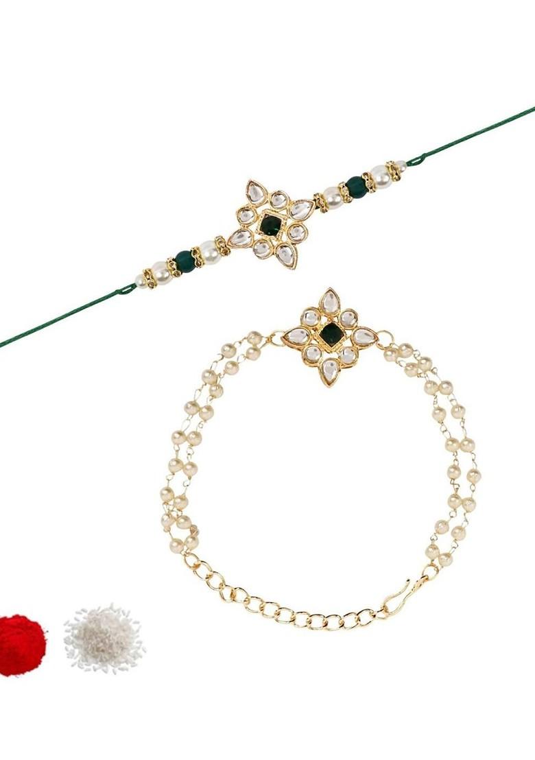 2 Pieces Kundan Pearls Hanging Bhaiya Bhabhi Lumba Rakhi Bracelet Combo Set - Indya