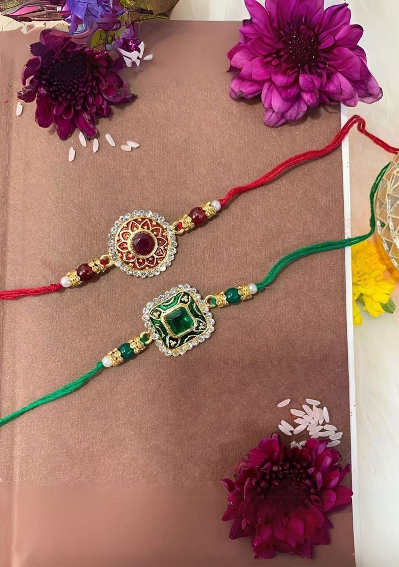 Set Of 2 Kundan Studded And Pearls Beaded Thread Rakhis With Roli Chawal - Indya