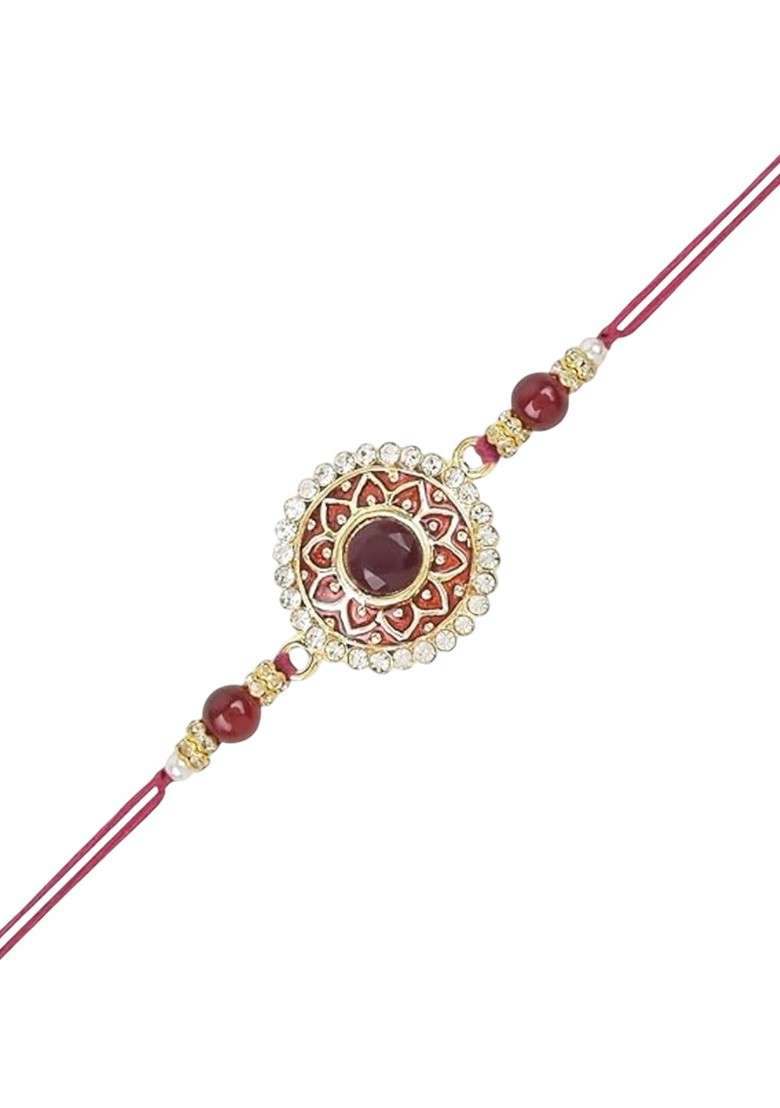 Set Of 2 Kundan Studded And Pearls Beaded Thread Rakhis With Roli Chawal - Indya