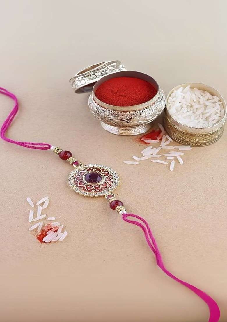 Set Of 2 Kundan Studded And Pearls Beaded Thread Rakhis With Roli Chawal - Indya