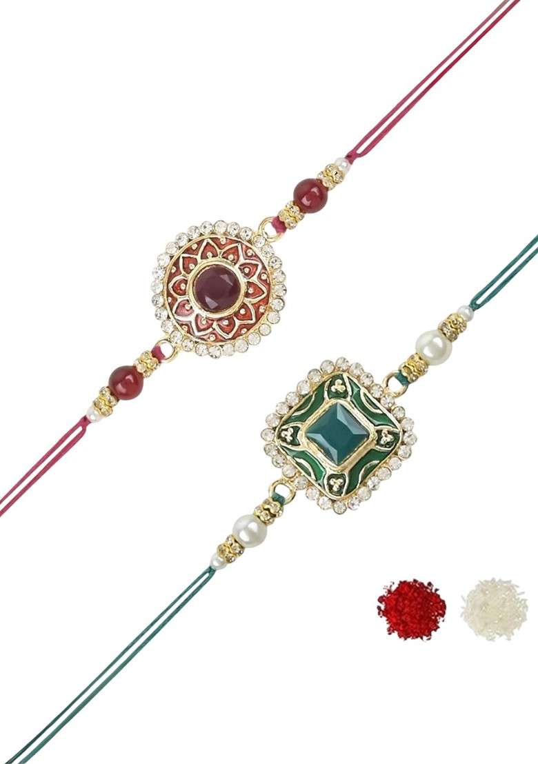 Set Of 2 Kundan Studded And Pearls Beaded Thread Rakhis With Roli Chawal - Indya